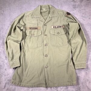 US Army OG-107 Utility Shirt Men's Small Green Vintage Sateen Field Jacket Patch